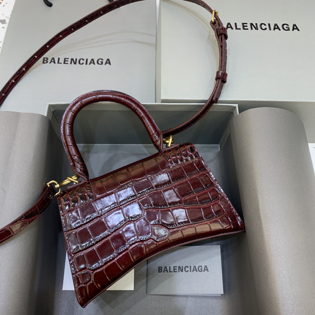 Balenciaga Hourglass XS Handbag Crocodile Embossed Shoulder Bag Dark Brown